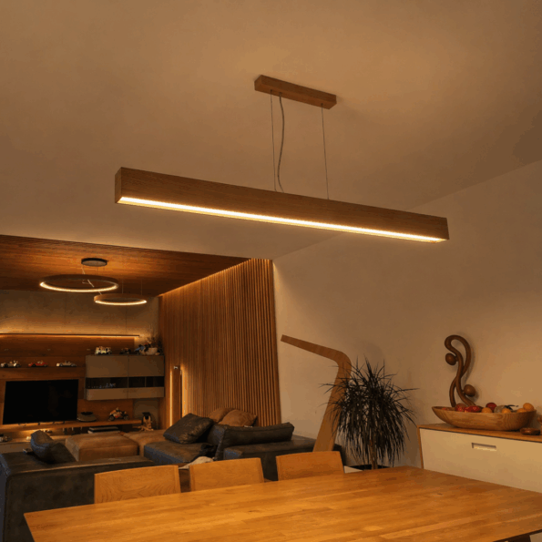 Designer suspended linear light Trilum WoodLED LINUS 1600 made from solid wood, providing wide light distribution and high visual comfort.