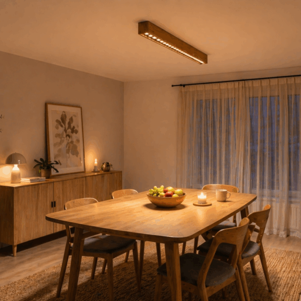 Lighting realization featuring Trilum LINX 1800, combining natural wood decor and advanced LED system for elegant and functional illumination.