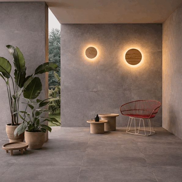 Exclusive Trilum WoodLED ROONDY 280 wooden wall light with indirect LED illumination, creating a warm and calming atmosphere in the interior.