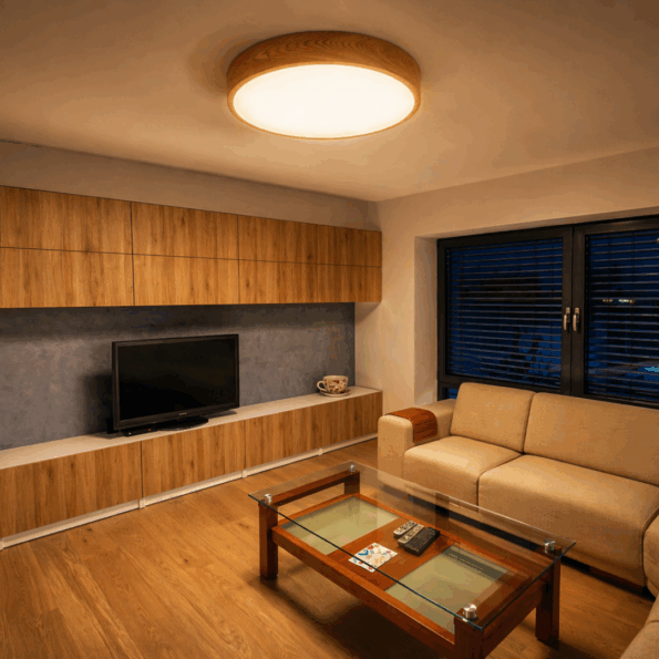 Designer wooden ceiling light Trilum WoodLED ROUND 900 with integrated LED module and wide light distribution for balanced illumination.