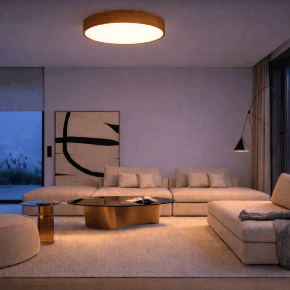 Lighting realization featuring Trilum ROUND 900, combining natural wood veneer with advanced LED technology for a warm and elegant atmosphere.