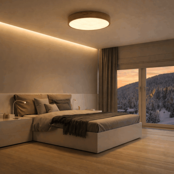 Exclusive Trilum WoodLED ROUND 900 ceiling luminaire made from natural wood, delivering powerful yet soft diffused LED light for modern interiors.