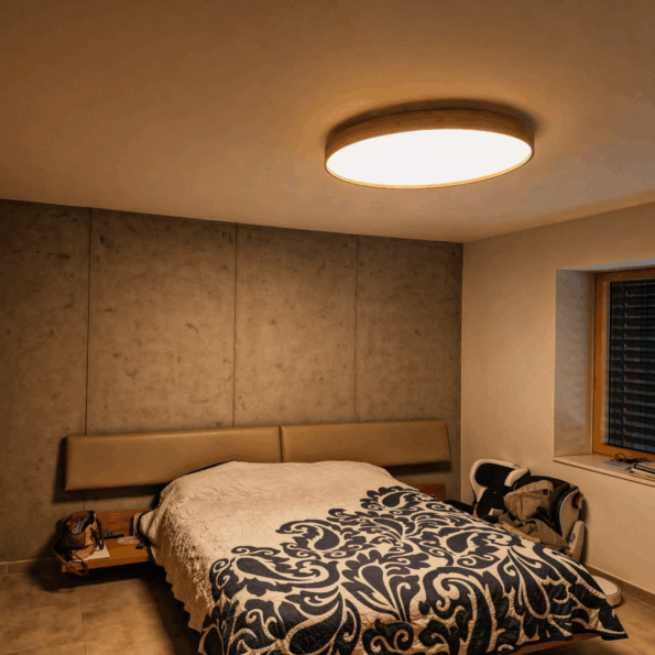Minimalist Trilum WoodLED SOFT 900 wooden ceiling light with integrated LED technology, delivering soft diffused illumination and a clean modern look.