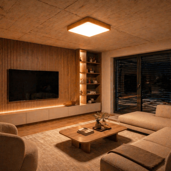 Interior detail with Trilum SQUARE 900, highlighting the contrast of natural wood and modern architecture for a refined lighting experience.