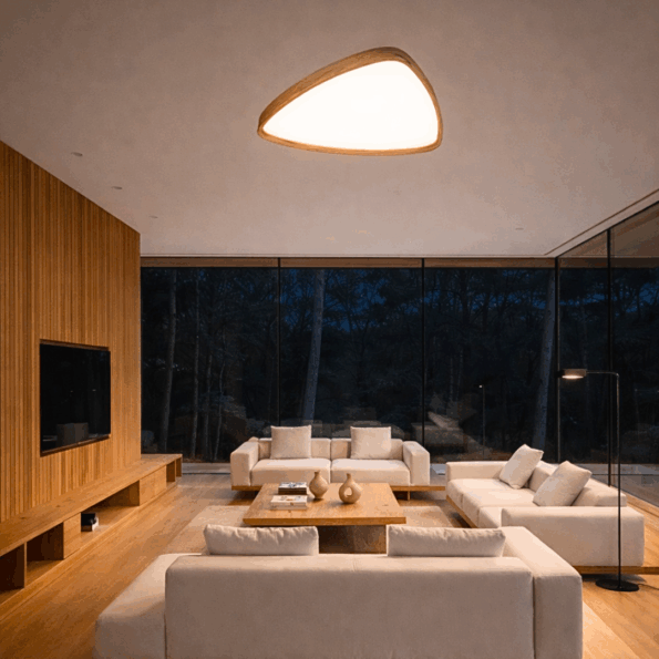 Exclusive Trilum WoodLED TRIGI wooden luminaire in a modern interior, delivering soft diffused LED light with a focus on craftsmanship and detail.