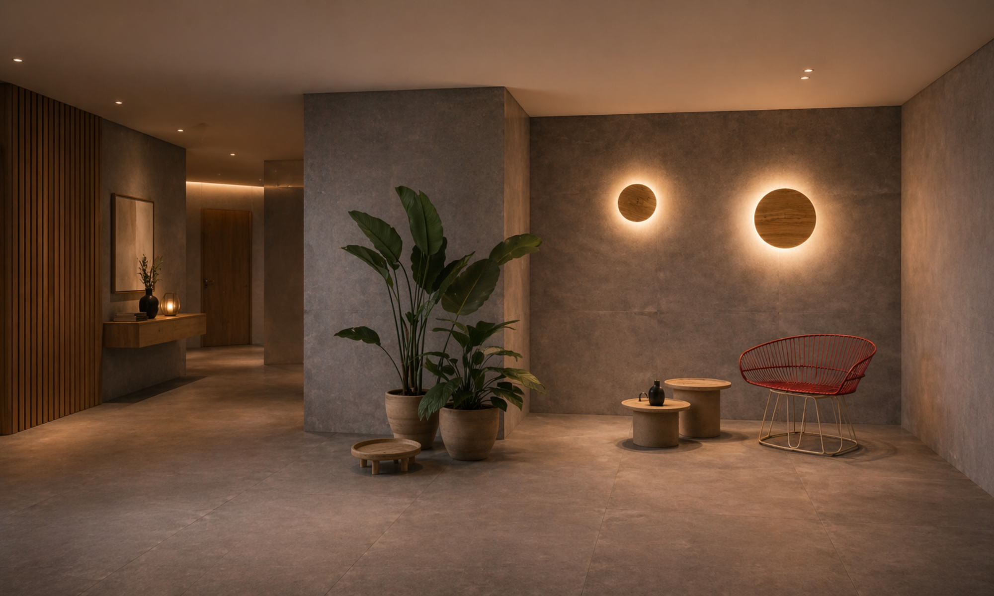 Exclusive Trilum WoodLED ROONDY 280 wooden wall light with indirect LED illumination, creating a warm and calming atmosphere in the interior.