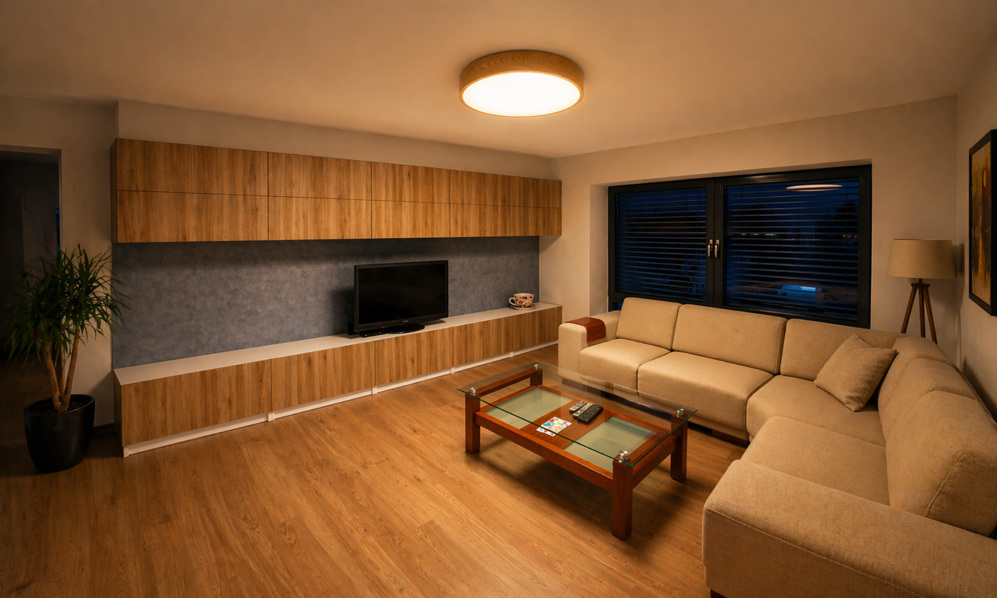 Exclusive Trilum WoodLED ROUND 900 ceiling luminaire made from natural wood, delivering powerful yet soft diffused LED light for modern interiors.