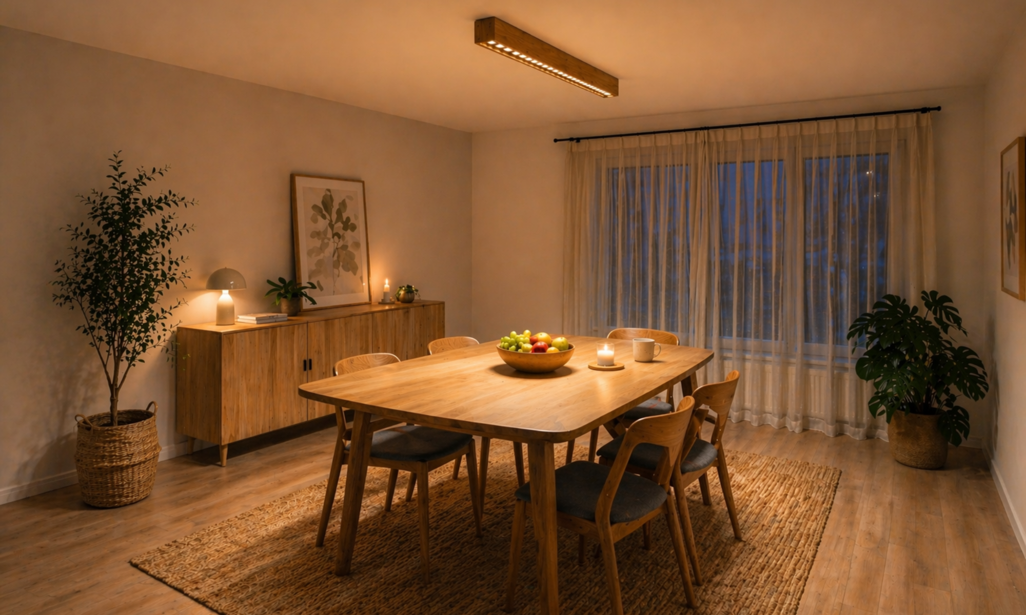 Designer linear ceiling light Trilum WoodLED LINX 1800 made from solid wood, providing wide light distribution and high visual comfort.
