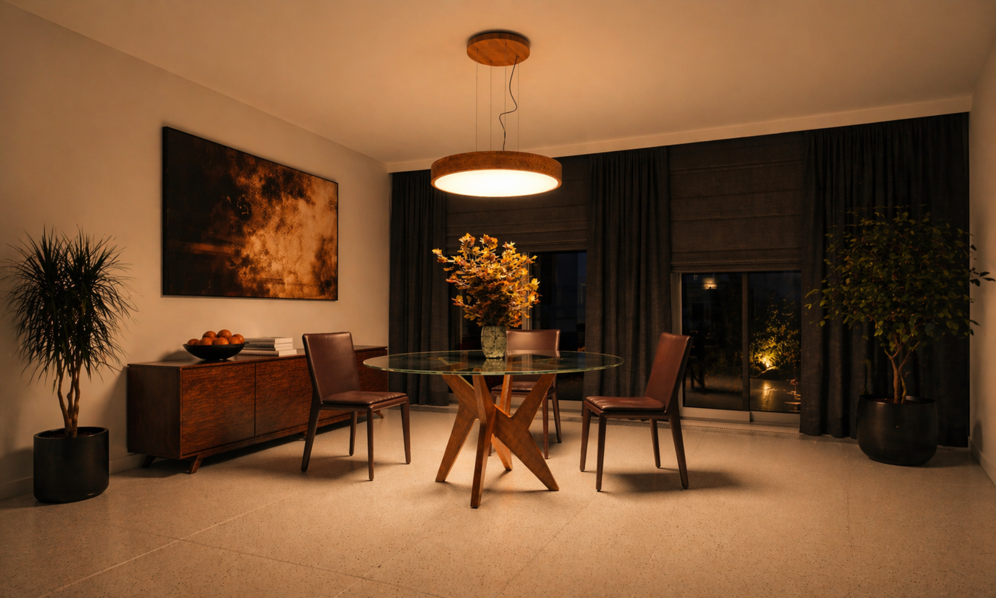 Elegant Trilum WoodLED ROUND Hang 900 suspended wooden luminaire in a modern interior, combining natural wood veneer with powerful dimmable LED lighting for a warm and refined atmosphere.