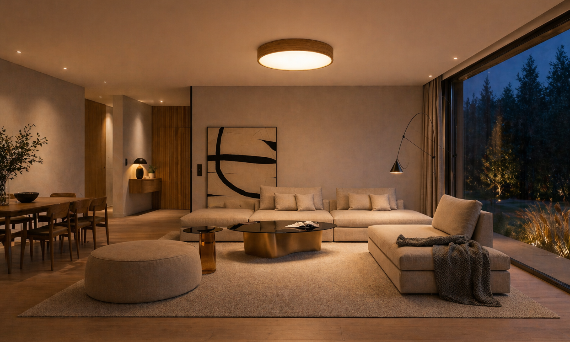 Exclusive Trilum WoodLED ROUND 900 ceiling luminaire made from natural wood, delivering powerful yet soft diffused LED light for modern interiors.